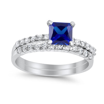 Wedding Ring Bridal Princess Cut Simulated Blue Sapphire CZ 925 Sterling Silver
